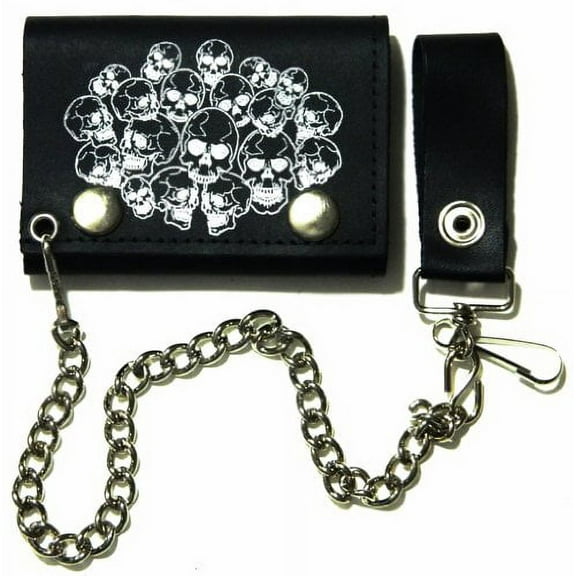Skull Heads Desgin Biker Chain Leather Wallet Tri Fold