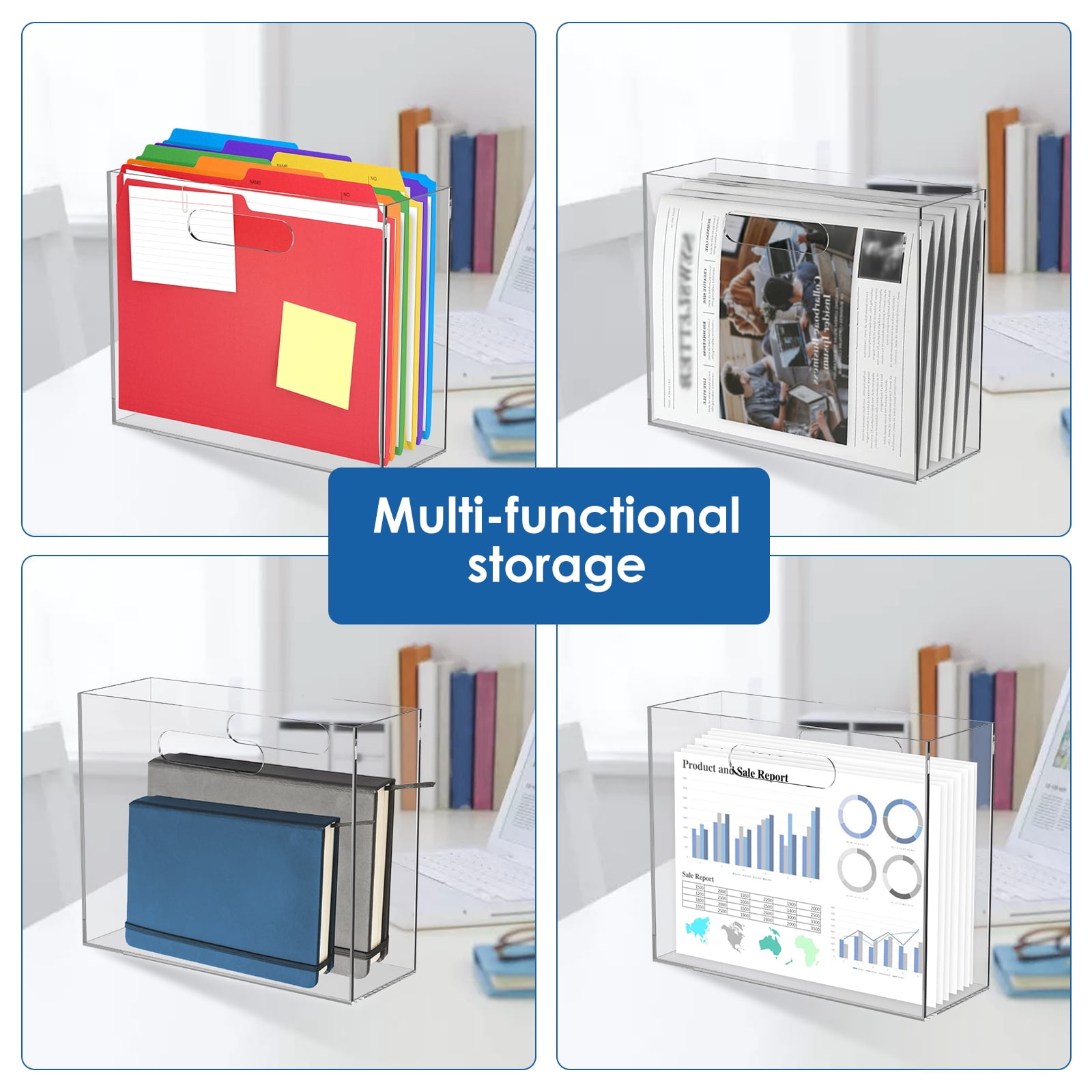 Acrylic File Organizer Clear Hanging File Organizer Box Portable Acrylic Magazine Holder with Handle for Desk Home Office