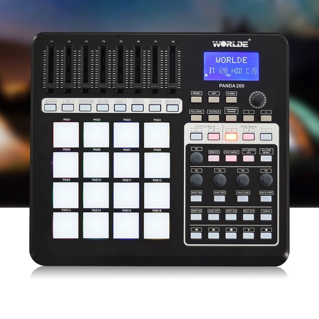 Black USB MIDI Pad Controller with LCD Display - 16 Sensitive Backlit Pads, 3 Assignable Banks (48 Pads Total), 5 Knobs, 8 Sliders, MIDI I/O & Pedal Interfaces - Compatible with Win/Mac & Audio