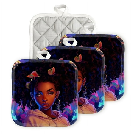 

BaHomeck Pot Holders 4pcs dacron Made Square heat-resisting mat Machine Washable for Kitchen Oven Hot Pads 6.7inch*6.7inch Beautiful African American Woman With Big Voluminous Curly Hair