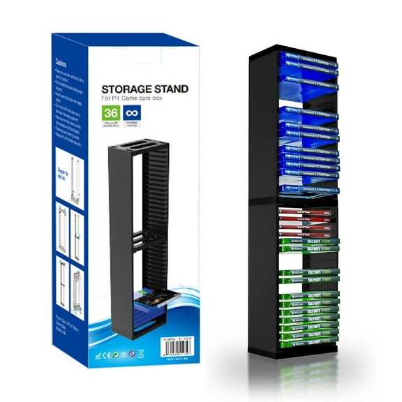 Game Storage Stand Tower for PS5/ PS4/ PS3/ Xbox Series S, Universal Game Disc Holder Vertical Stand Organizer Tower, Hold 36pcs Video Game Discs, Black