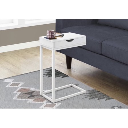 C-shaped Accent Table with Storage Drawer, White, Living/Bedroom