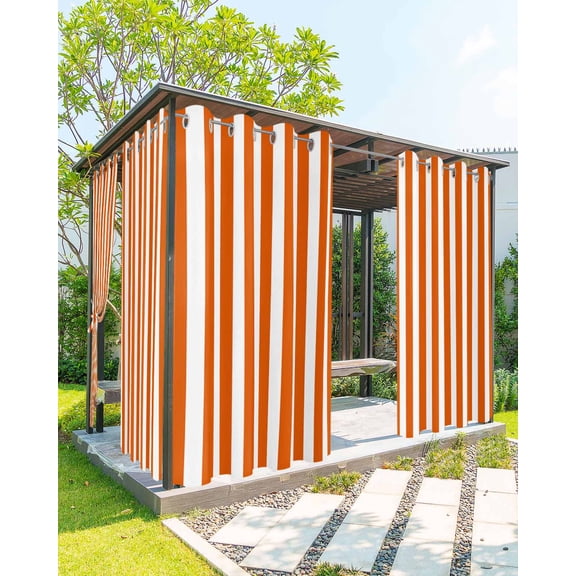 Burnt Orange Striped Outdoor Curtains for Patio, Thanksgiving Orange White Stripes Privacy Drapes Grommet Waterproof Outside Curtains for Porch/Cabana/Balcony 54"x 108", 1 Panel