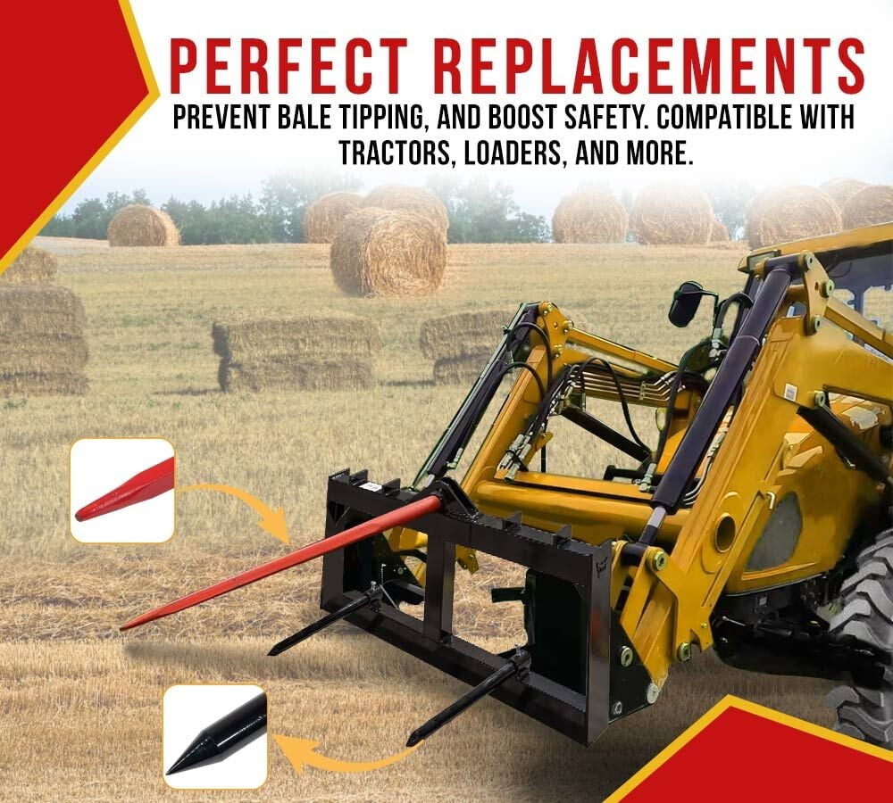 49" Hay Bale Spear with 17" Stabilizer Attachment (Pair) - Quick Attach Bale Forks Attachment for Tractors, Skid Steer, Loaders & Telehandlers, Cranes