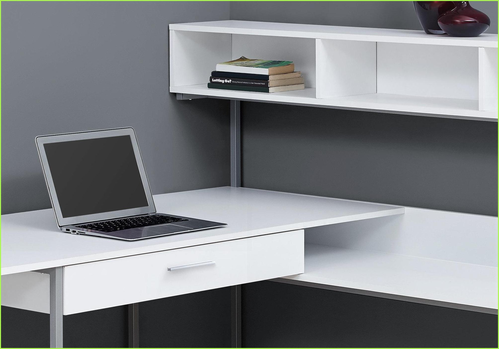 Desks | Modern 59” L-Shaped Corner Home Office Desk with Storage | White Laminate & Grey Metal | White | MDF