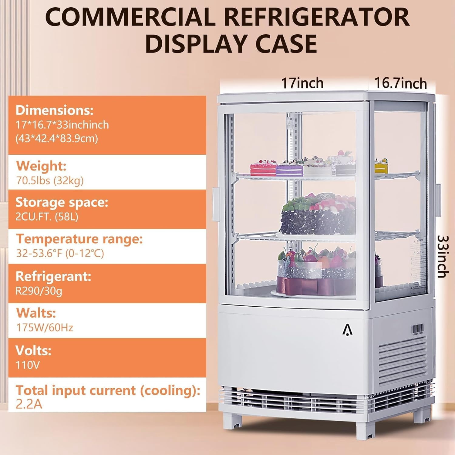 IdealHouse Commercial Refrigerator Display Cabinet, 2 Cu. ft. Beverage Cooler, Upright Glass Door Merchandiser with LED Lighting, Adjustable Shelves, Locking Casters, White