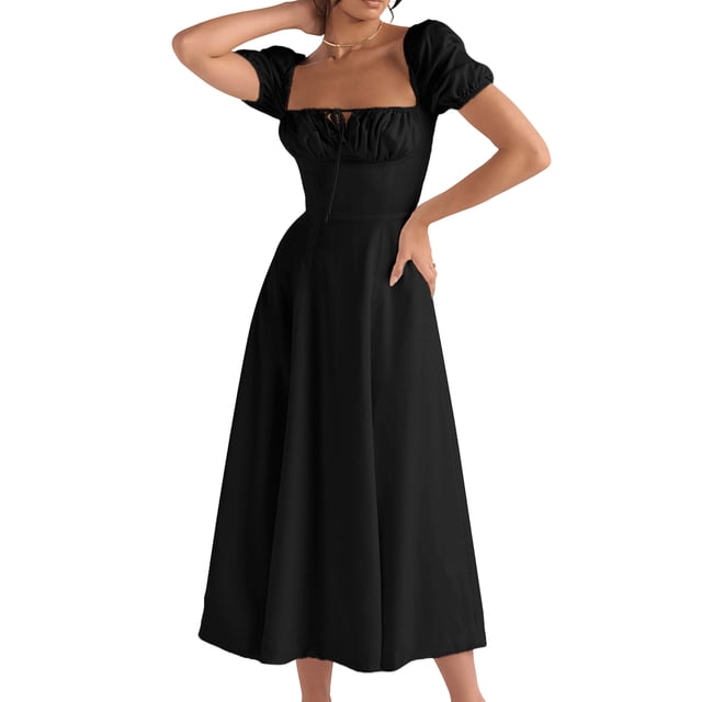 Vestidos Largos Vestidos de mujer con mangas abullonadas, vestido elegante, ropa de primavera y verano (negro XL) Cgtredaw Para estrenar