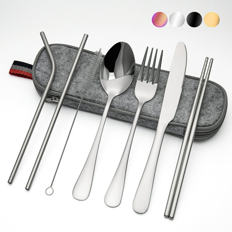 INKULEER Travel cutlery set, 18/8 stainless steel cutlery, Reusable  utensils set with case, Portable Silverware Lunch Box for Camping and