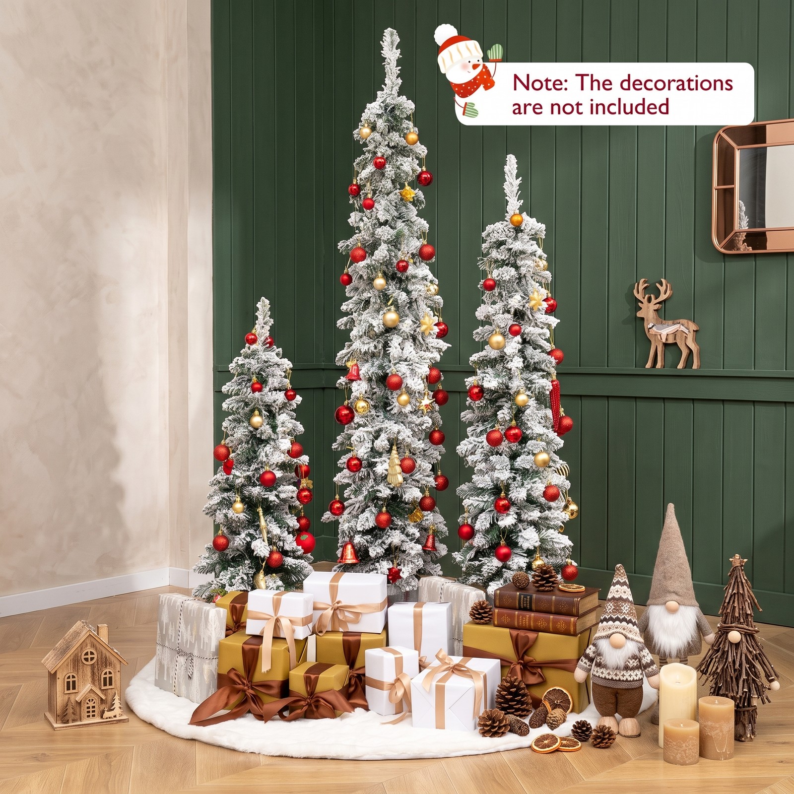 RUIE Set of 3 Pre-Lit Snow Flocked Artificial Christmas Trees, 423 Branch Tips, 230 Warm White LED Lights, PVC Xmas Tree with Metal Stand for Home, Green White Silver
