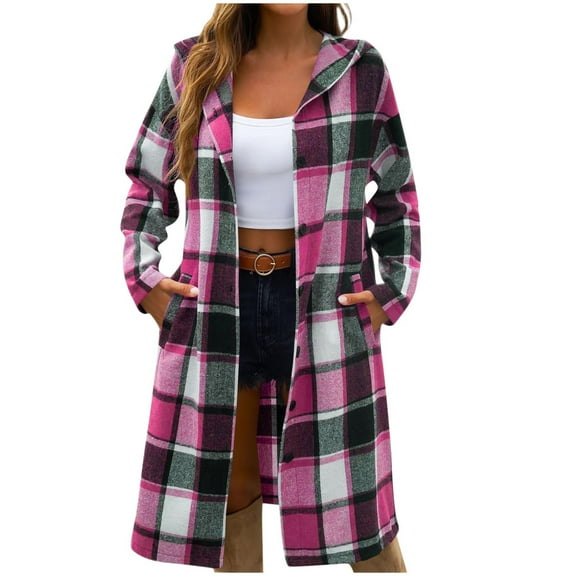 RYRJJ Plaid Shirts Jackets for Women Oversized Button Down Long Shacket Jacket Fall Flannel Hooded Trench Coats with Pockets(Hot Pink,XL)