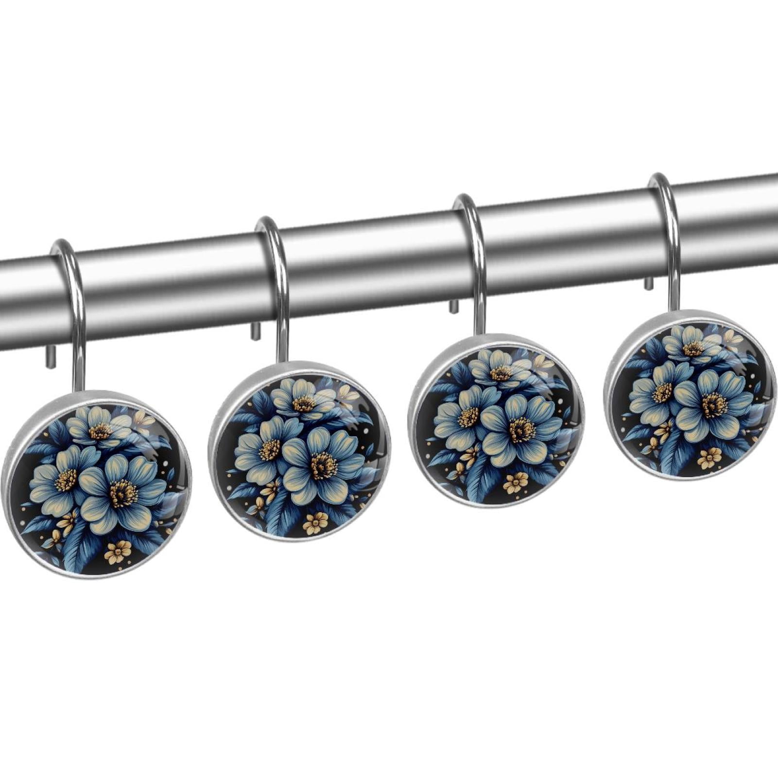 Blue Tropical Flower Shower Curtain Hooks Round Crystal Glass, Set of 12 Shower Curtain Rings - Shower Hooks for Curtain Shower Rings