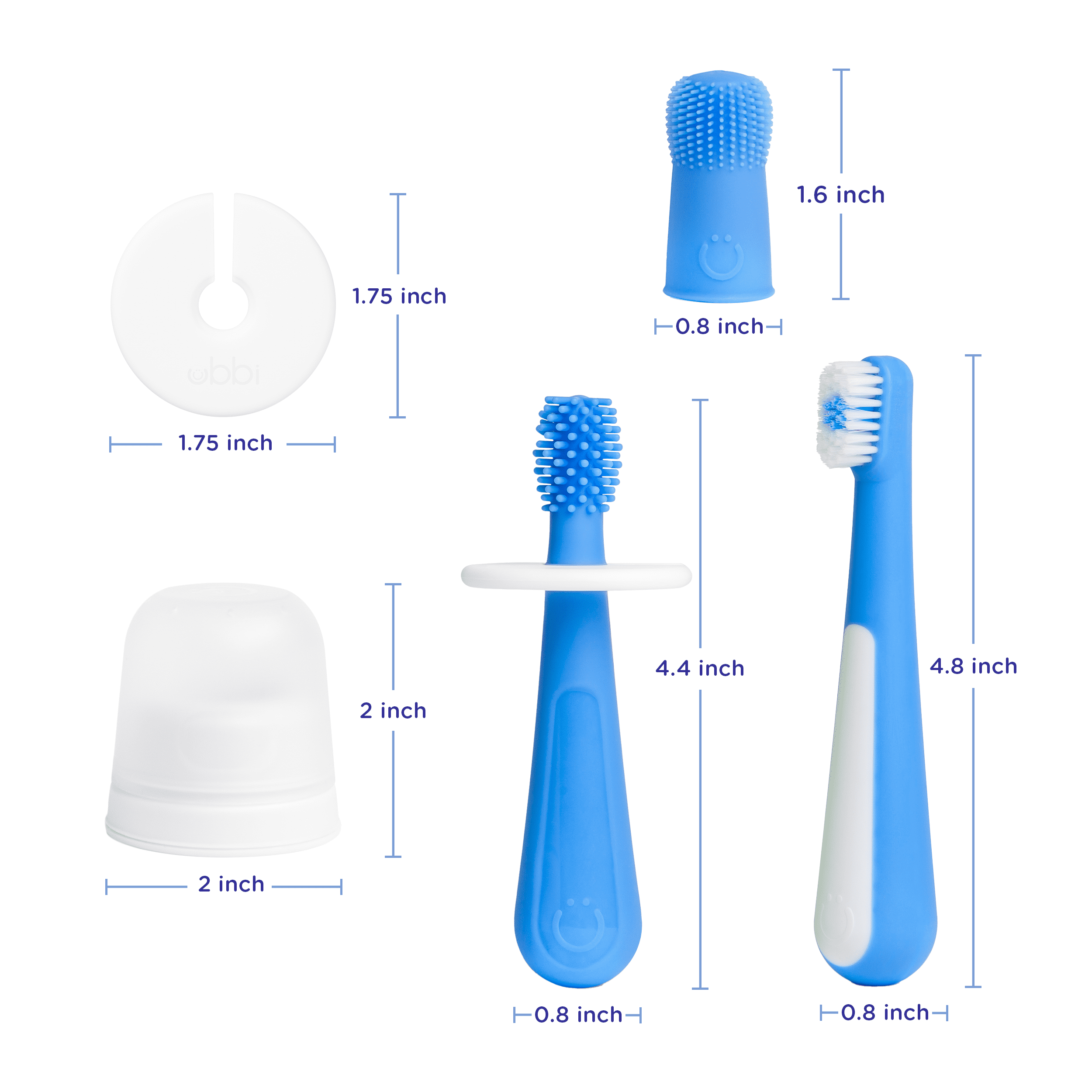 Ubbi 3 pcs Toothbrush Training Set for Babies and Toddlers, Includes Silicone Finger Brush, 360° and Soft Bristled Toothbrush, Polaris Blue