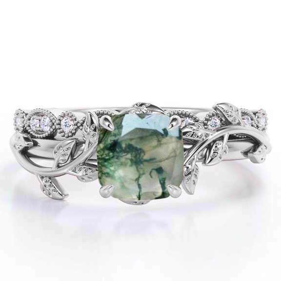 JeenMata Botanical Style - 1.75 Carat Cushion Cut Opaque Milky Moss Green Agate and Moissanite - Filigree Milgrain Wedding Set - 18K White Gold Plating over Silver