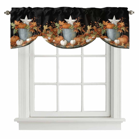Fall Pumpkin Tie Up Valance Curtains for Windows, Kitchen Curtains Window Treatments, Rustic Star Thanksgiving Maple Leavf Black Short Window Shades Valances for Bedroom Bathroom Cafe 54"x18"