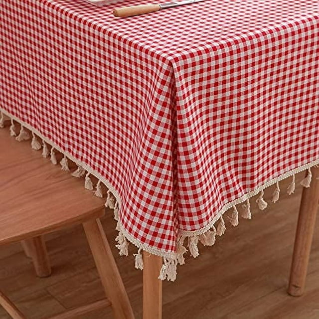 Zhuge Checkered Table Cloth, Vintage Gingham Checkered Tablecloth with Tassel, Red and White Plaid Cotton Linen Table Cover, Rectangle Dustproof Tablecloth for Kitchen Dining Decoration(Red)
