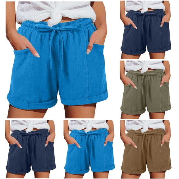 MASRIN Womens Cotton Linen Summer Shorts Baggy Comfy Lounge Beach Shorts Drawstring Elastic Waist Rolled Hem Shorts with Pockets Navy L