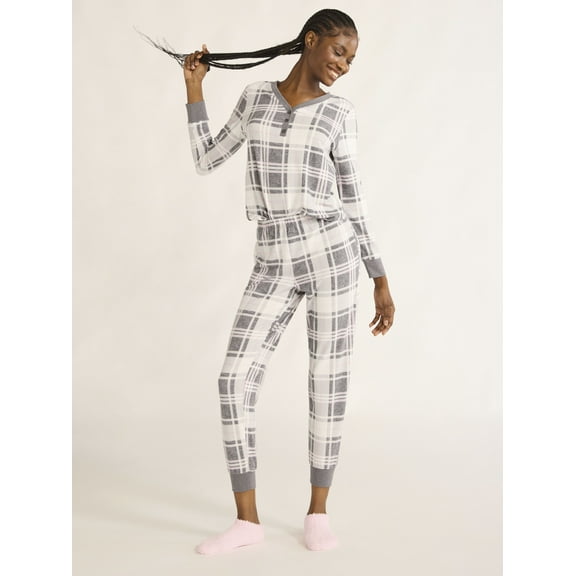 Joyspun Women's Velour Waffle Henley Sleep Top, Jogger Pants and Socks Pajama Set, 3-Piece, Sizes S-3X