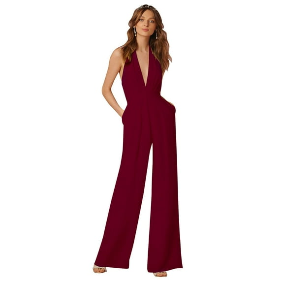 Goodwill Women's Sexy High Waisted Jumpsuits V-Neck Halter Wide Leg Long Pants Wedding Rompers Overalls with Pockets