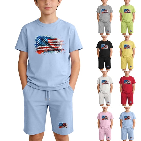 Boys Girls 2 Piece Outfits Independence Day USA Flag Print Set Crew Neck Short Sleeve Tees Elastic Waist Shorts (13 Years, Light Blue)
