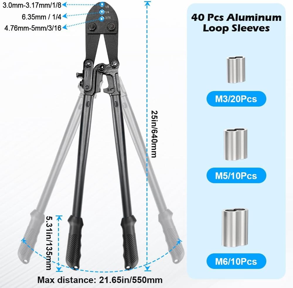 Wire Rope Crimping Tool, 25 Inch Heavy Duty Hand Swaging Tool with 40Pcs Aluminum Loop Sleeves, 3 Cavity Cable Crimping Tool for 1/8" to 1/4" Aluminum Oval Sleeves, Double Sleeves
