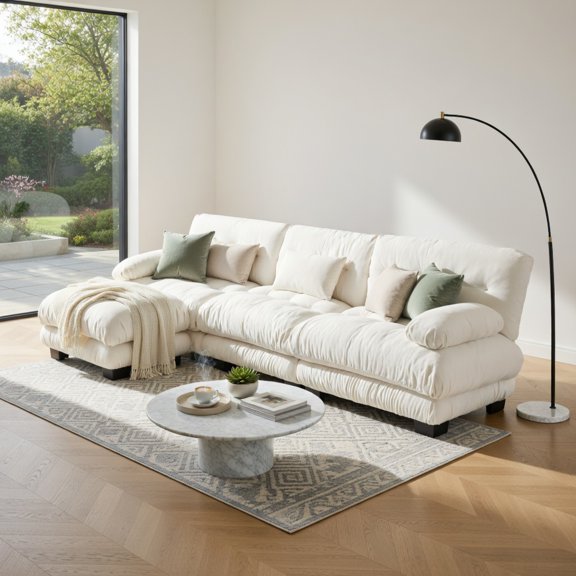 Spaco Oversized L-Shaped Cloud Couch, Modular Deep Seat Sectional Sofa, Chenille Upholstery with Convertible Ottoman, White
