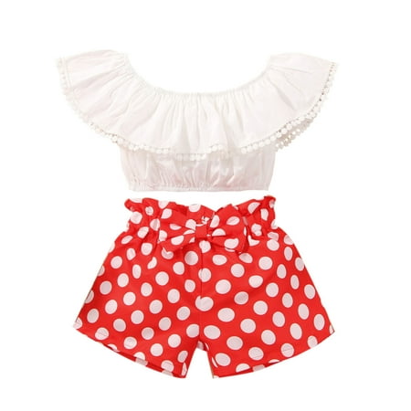 

ZHUASHUM Toddler Baby Girls Off Shoulder Tops Dot Printed Bowknot Shorts Outfits