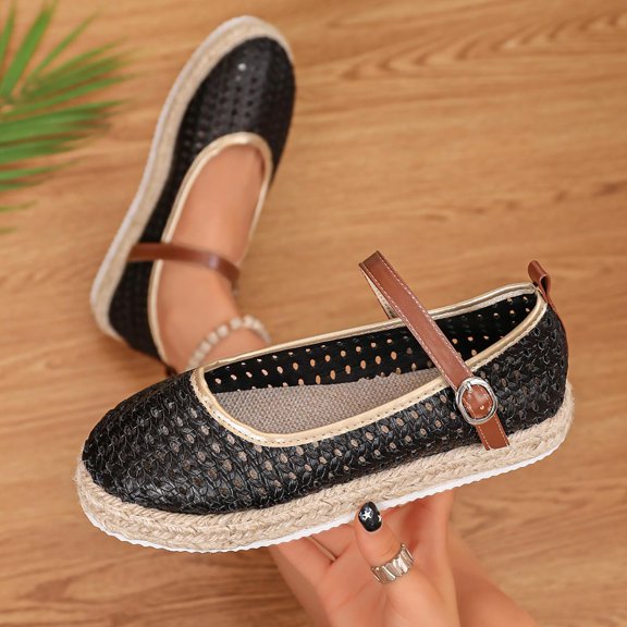 Samdudou Womens Flats Shoes Closed Toe Mary Jane Slip On Espadrilles Hollow Out Mesh Upper with Adjustable Buckle Strap Lightweight Walking Footwear Casual Summer