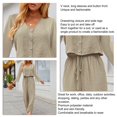 thumbnail image 3 of Women Top Pants Suit Long Sleeves V Neck Button Front Drawstring Closure Two Piece Outfits Khaki 3XL, 3 of 4
