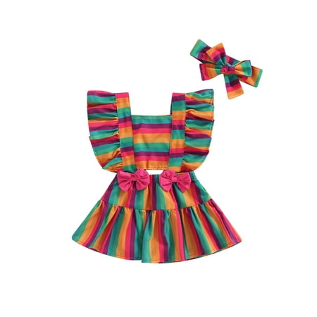 

Nokpsedcb Little Girls Princess Dress Rainbow Striped Print Flying Sleeve Bow Embellished Ruffle Hem Dress + Hairband Rainbow Striped 4-5 Years