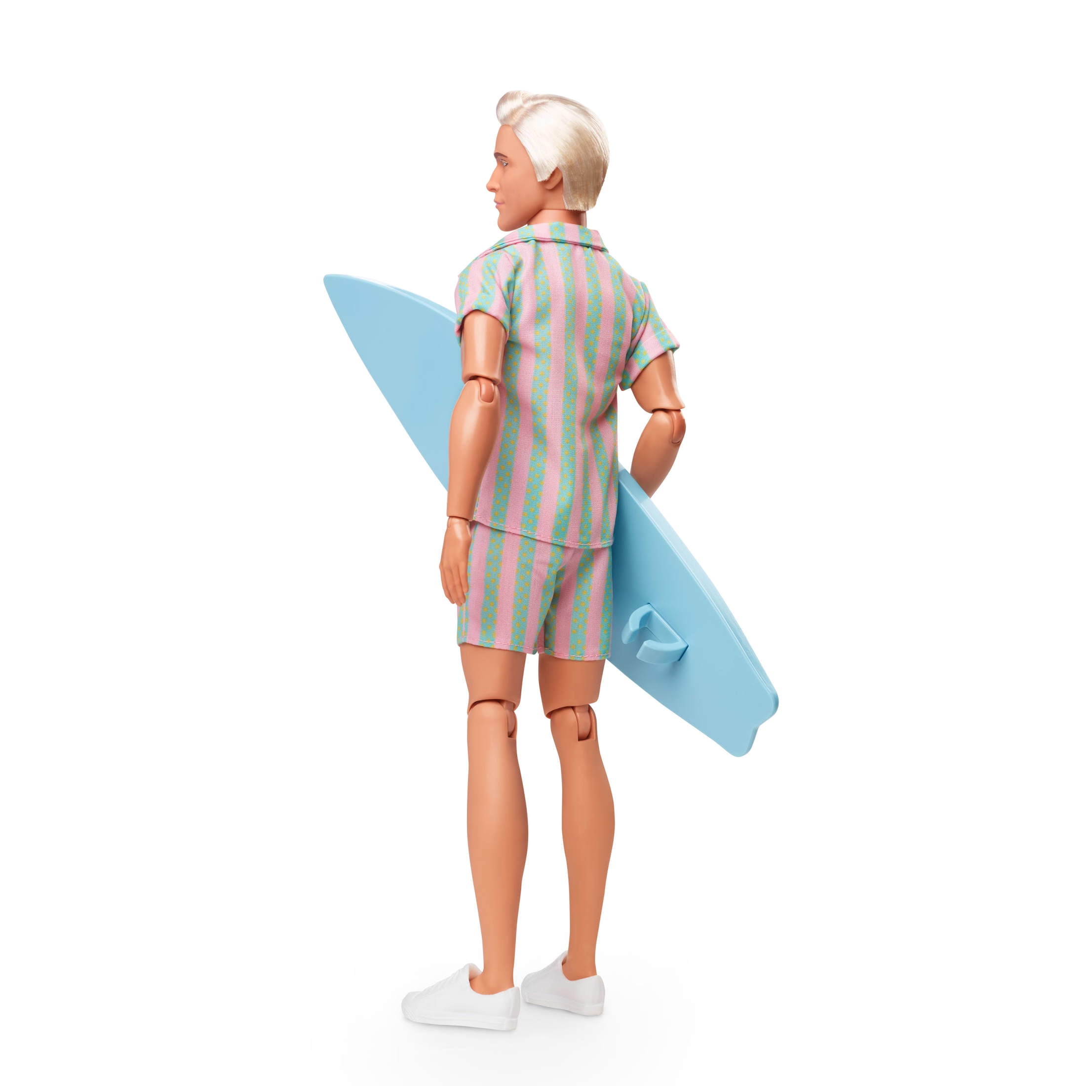 Barbie The Movie Ken Doll Wearing Pastel Pink and Green Striped Beach Matching Set with Surfboard