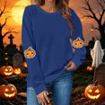 thumbnail image 2 of AGWOLF Women's Halloween Sweatshirts Spooky Graphic Pullovers Stretch Holiday Crewneck Long Sleeve Sweater Tops Halloween Costumes Dark Blue XXL, 2 of 6