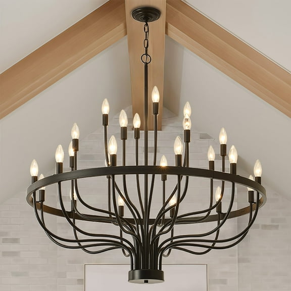 Black Chandelier 24 Light, Round Industrial Candle Chandeliers, Large Wagon Wheel Chandeliers 39in for Hallway, Living Room, Foyer, Island Lights