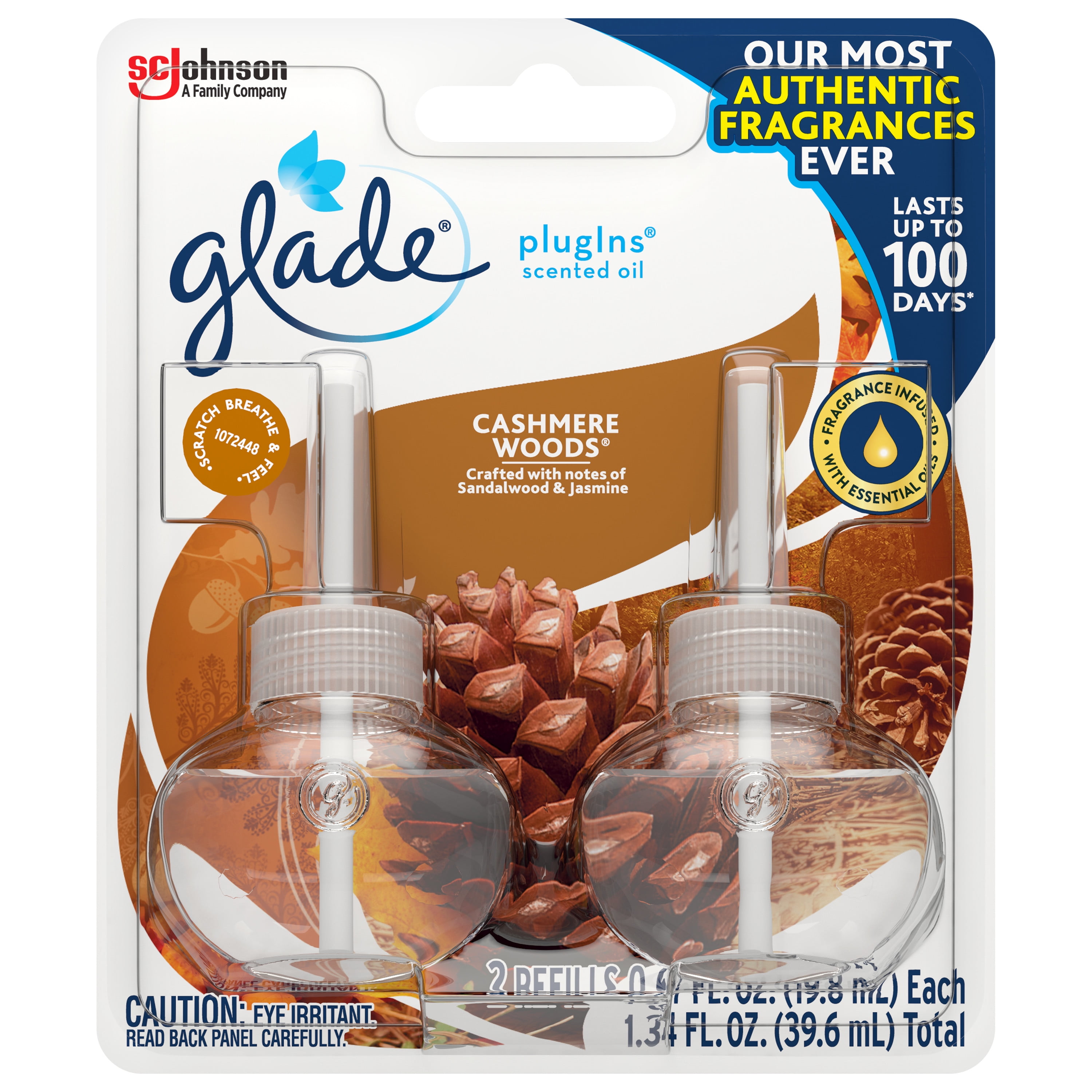 Glade PlugIns Refill 2 CT, Cashmere Woods, 1.34 FL. OZ. Total, Scented