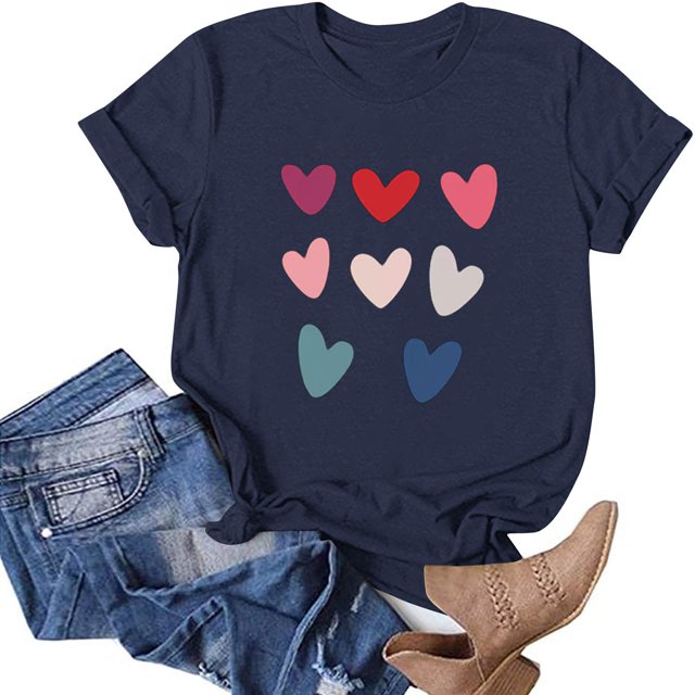 TIMIFIS T-Shirts de la Saint-Valentin pour Femmes Été Décontracté Manches Courtes Col Rond T-Shirt Mignon Imprimé Cœur d'Amour