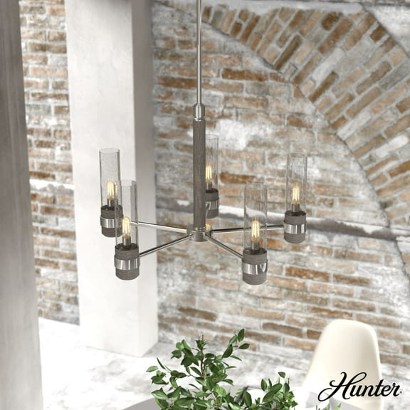 Hunter - River Mill 5-light Brushed Nickel, Large Chandelier, Dimmable, Rustic Style, Candle Shaped, for Bedrooms, Dining, Living Rooms - 19475
