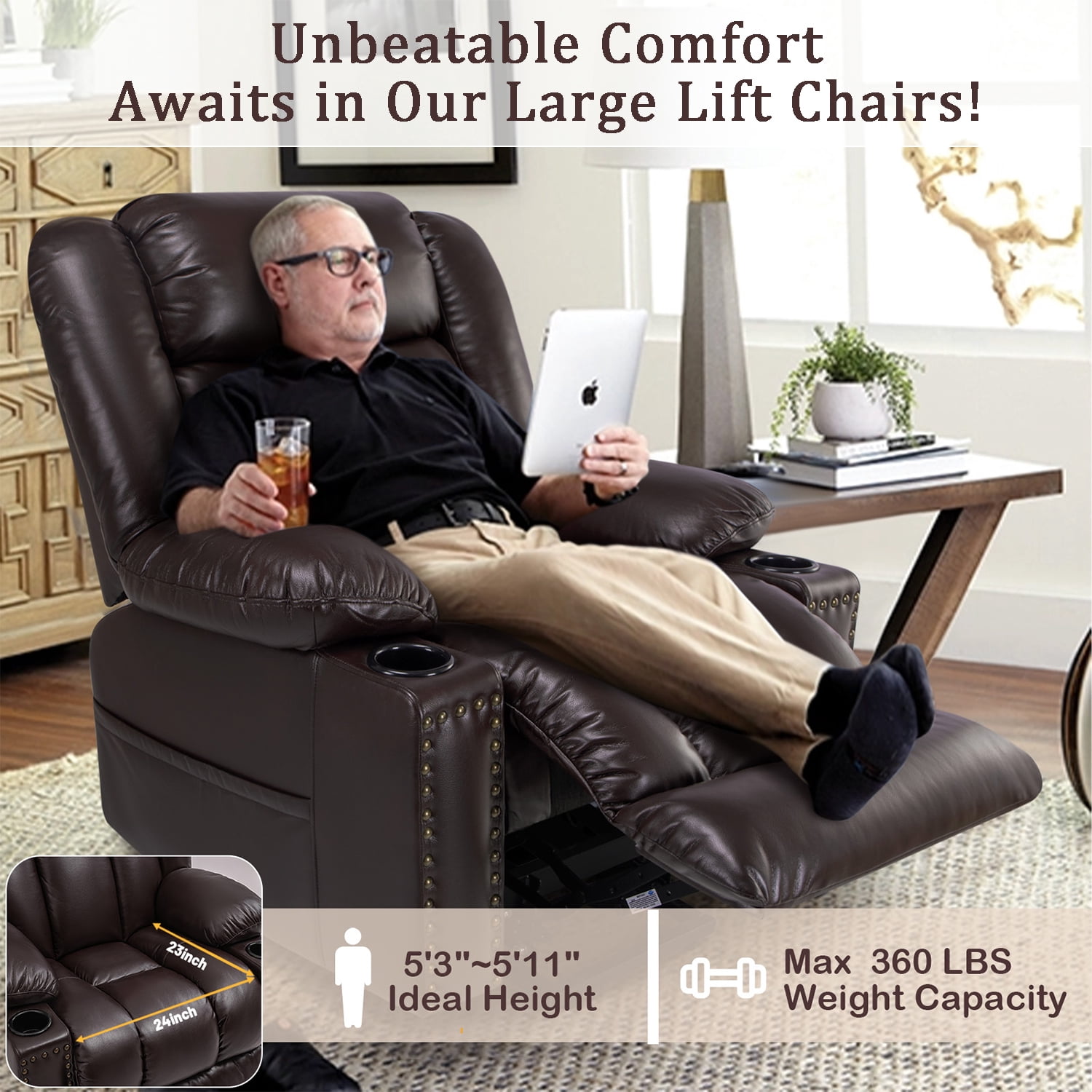 Large Power Lift Chairs Recliners for Elderly with Heated and Massage, Overstuffed Adjustable Lift Chairs, 3 Positions, Breathable Leather, USB-A and USB-C, Cup Holder, Side Pocket, Dark Brown