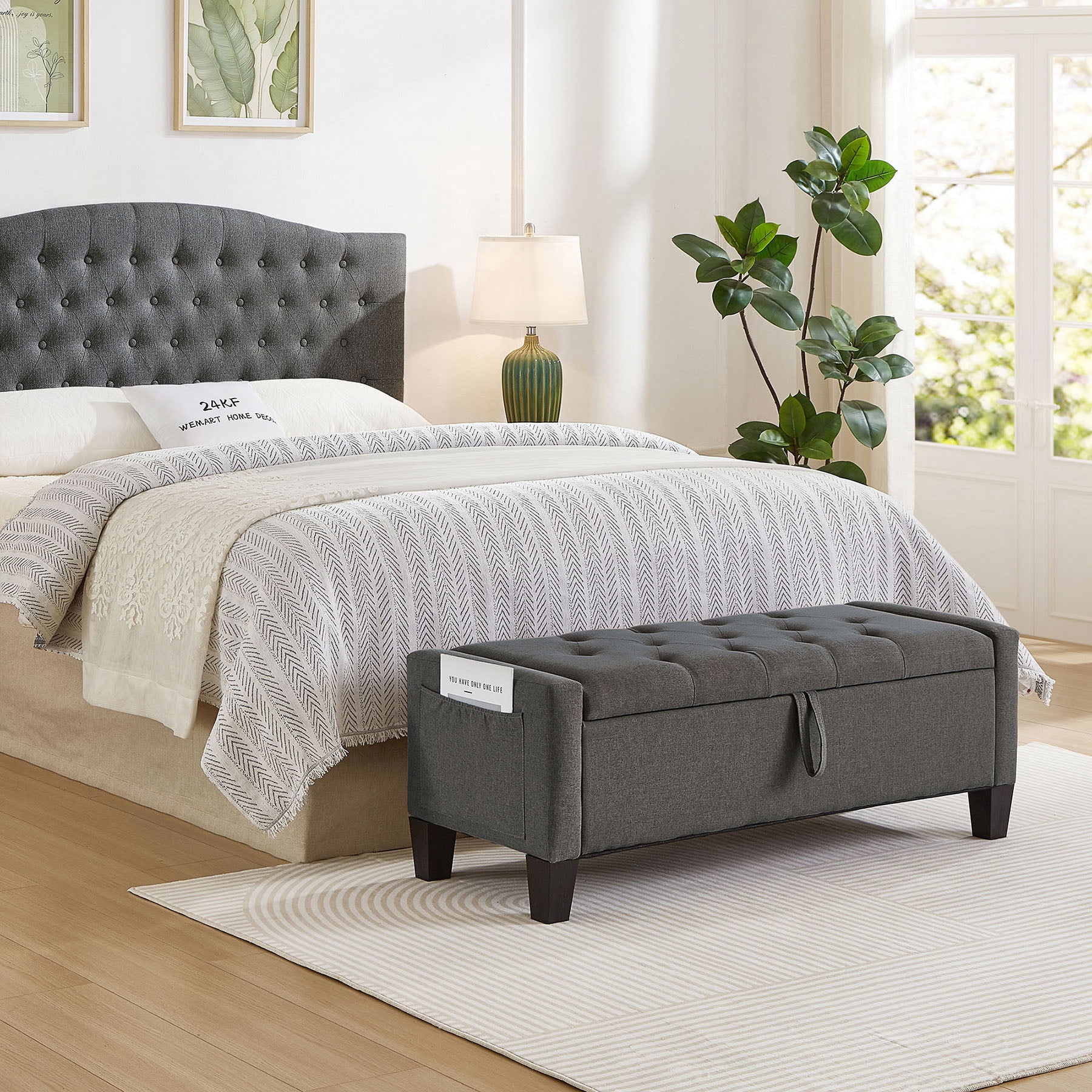 CQSXDA Upholstered Ottoman Bench in Linen with Storage and Safety Hinge for Entryway Seating and Organization
