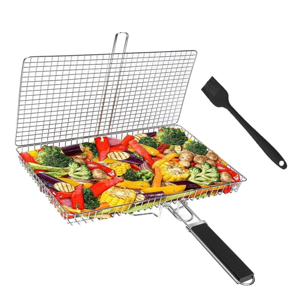 Grill Basket, Stainless Steel BBQ Basket with Folding Lockable Handle, Portable BBQ Grill Accessory for Outdoor Camping Grilling, for Vegetable Fish Meat