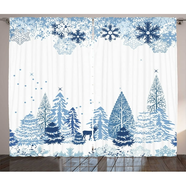 Winter Curtains 2 Panels Set Scene With Deer Frozen Trees And Snow Season Pine Winter Curtains 2 Panels Set, Winter Scene Window Curtains