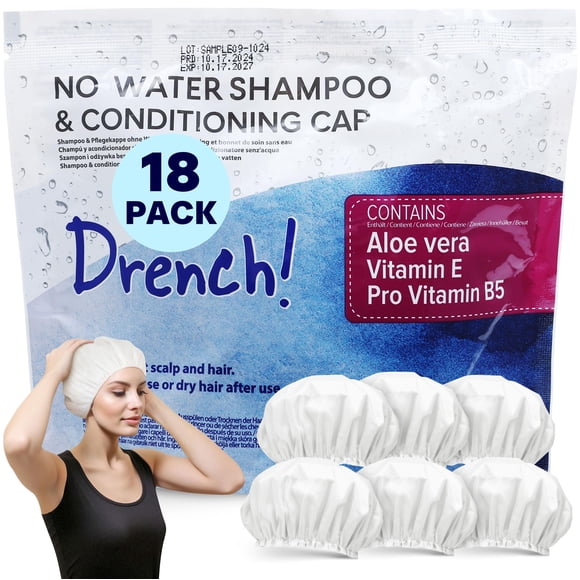 Drench Gorro para Lavar el Cabello sin Agua - Gorros de Ducha sin Agua con champú y Acondicionador - Ayudas de Lavado desechables sin Enjuague - Ideal para Personas Mayores y discapacitadas - Paquete