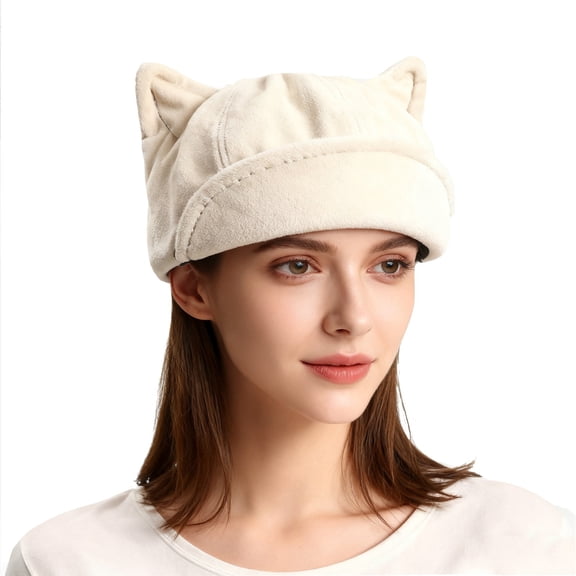 LSQii Hats for Women Cute Casual Solid Color Knitted Beret Cat Ear Newsboy Tongue Caps Winter Spring Fashion Accessories for Girls White