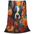 Zufioo Cute Colorful Flower French Bulldog Fleece Blanket Queen Size