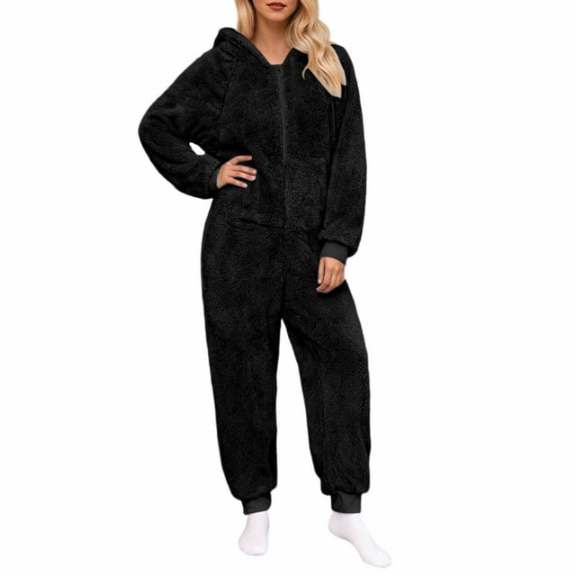 FRSASU Grenouillères pour Femmes pour Adultes, Grenouillère en Molleton pour Femmes, Grenouillères Duveteuses pour Femmes, Pyjamas pour Ados Noir P(S)