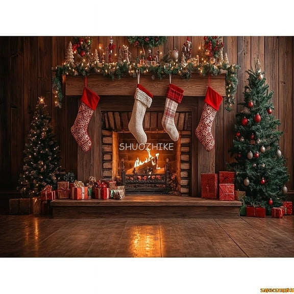 Cozy Christmas Day Sce Fireplace Photography Backdrop Props Winter Living Room New Year Gift Holiday Photo Background RS-09