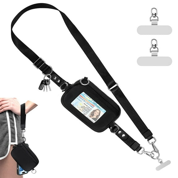 Clip and Go Strap for Phone with Wallet Crossbody Phone Lanyard Adjustable and Detachable RFID Wristlet Wallet with ID Window and Zipper, Black