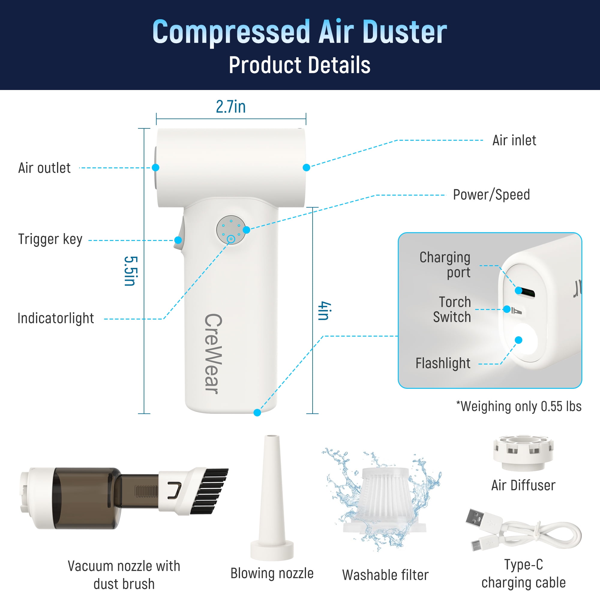 CreWear 2-in-1 Compressed Air Duster and Mini Vacuum, 11000 RPM Cordless Rechargeable Electric Blower with LED Light for Keyboard, Computer and Car