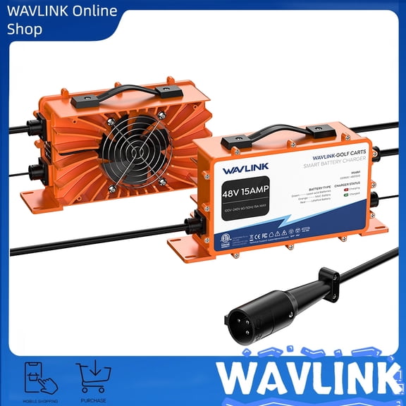 WAVLINK Golf Cart Smart Battery Charger 48V 15A Max 810W Waterproof LiFePO4/NMC/Lead-Acid Compatible