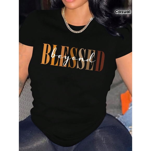 Camiseta De Cuello Redondo Con Estampado De Carta Bendita, Top Casual De Manga Corta Para Primavera Y Verano, Ropa De Mujer