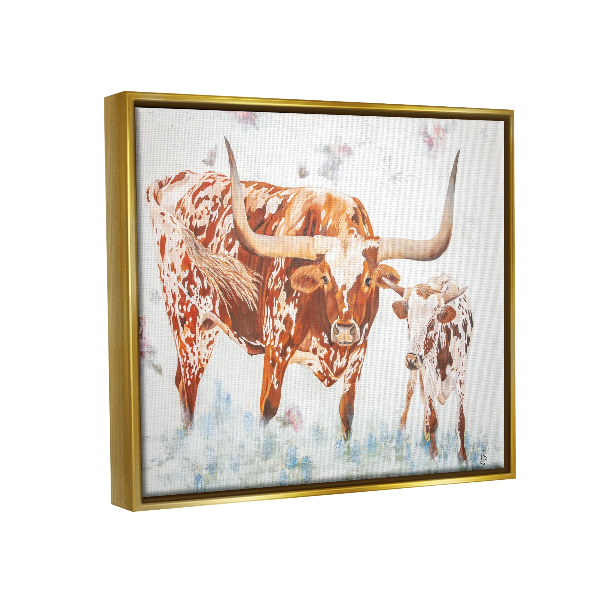 Stupell Brown Longhorn Cattle Family Farmhouse Animals & Insects Painting Gold Floater Framed Art Print Wall Art