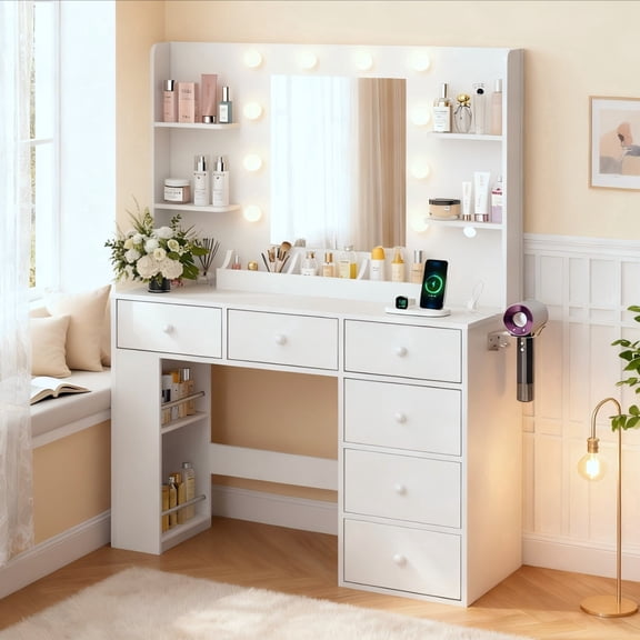 Zimtown Makeup Vanity Desk, Vanity Desk with Mirror & 6 Drawers, Large Dressing Table with Adjustable Lights & Side Rack, White